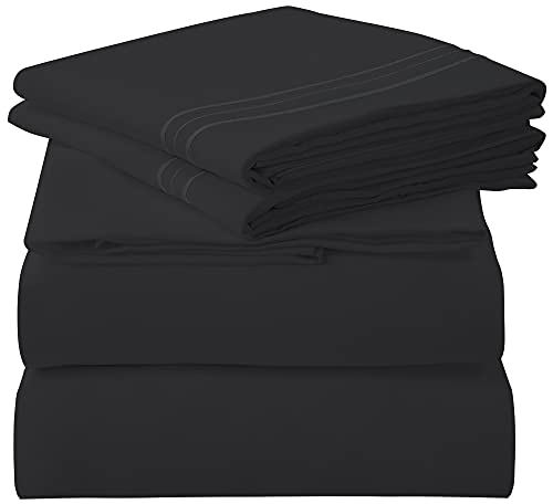 Royale Linens - 4-teiliges Queen-Size-Bettlaken-Set – weiche gebürstete Mikrofaser 1800 – 1 Spannbetttuch, 1 Bettlaken, 2 bestickte Kissenbezüge (Queen, Schwarz) von Royale Linens