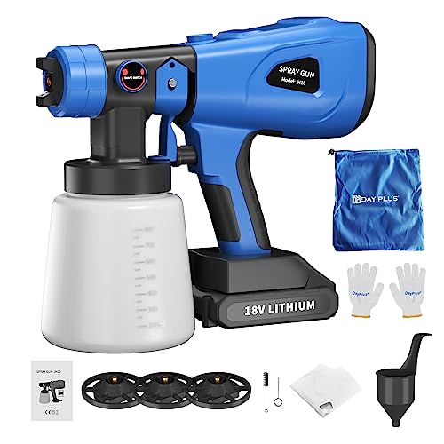 21V Farbsprühsystem mit Akku, 1L Behälter Lackierpistole, Sprühpistole 500ml/min Farbsprüher mit 3 Sprühmustern und 4 Düsen für Lacke, Zaun, Geländer und Lasuren, Verstellbarem Luft- und Farbfluss von Royalswill