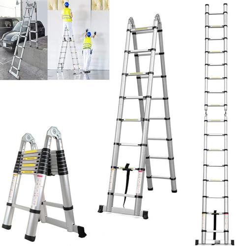 3,8M Teleskopleiter mit Stabilisator, 1,9M+1,9M Tragbar Mehrzweckleiter Ausziehleiter mit Rutschfester Gummifüßen, Ausziehbare Leiter, Klappbar Leiter Edelstahl Leiter 150 kg für Garten Innen von Royalswill