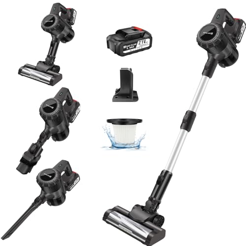 Akku Staubsauger 21V, Kabelloser Staubsauger 140W/20KPa Vacuum Cleaner Handstaubsauger Akku, 2 Saugmodi, LED Bodenbürsten, Selbststehender Staubsauger mit Wechselakku für Teppich, Tierhaare, Hartboden von Royalswill