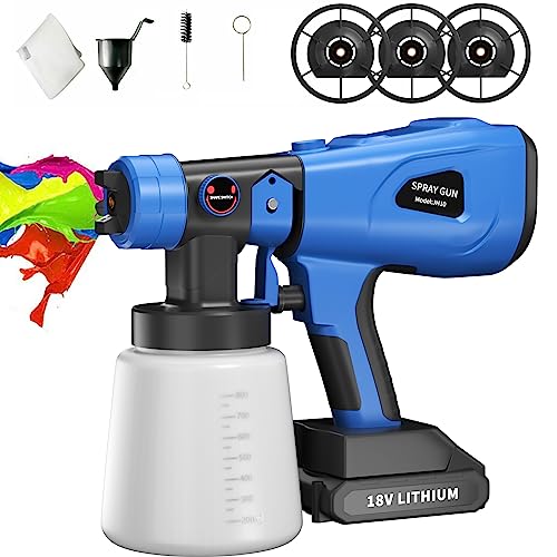 Lackierpistole mit 21V Akku und Ladegerät, Farbsprühsystem Elektrische Farbspritzpistole 1000ml Behälter Wandfarbe Lacke Lasuren Farbsprühgerät mit 3 Muster und 4 Düsen, für im Innen- & Außenbereich von Royalswill