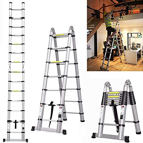 Teleskopleiter, 3,8 m, 1,9 m + 1,9 m, A-Rahmen, Mehrzweck-Teleskopleiter, rutschfest, zusammenklappbar, leicht, tragbar, für Dachbodenleiter, 150 kg Kapazität, EN131 10 von Royalswill