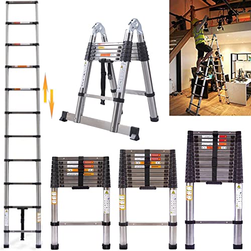 Teleskopleiter mit Stabilisator, 3,8m (1,9m+1,9m) A-Rahmen Klappleiter Stehleiter Rutschfester Leiter aus hochwertigem Edelstahl, Ausziehbare Leiter, Ausziehleiter Mehrzweckleiter, 150kg Belastbarkeit von Royalswill