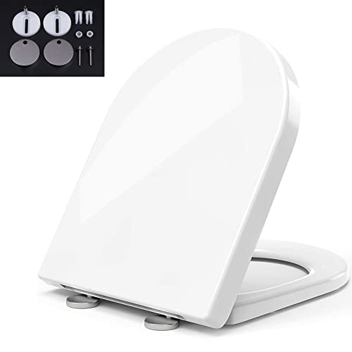 Toilettendeckel, D-Form Toilettensitz, WC Sitz mit Absenkautomatik, Quick Release Funktion, Antibakteriell Klodeckel aus Duroplast mit verstellbaren Scharnieren, Toilet Seat WC Deckel Klobrille, weiß von Royalswill