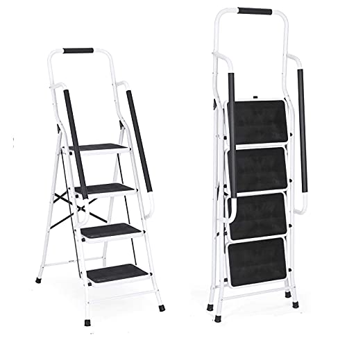 Trittleiter 4 Stufen klappbar, 4 Stufen Trittstufe Klappleiter mit Handlauf Trittleiter, Trittleiter Stabil Stahl Tritt Stufe Leiter, Stufenleiter Haushaltsleiter für Zuhause/Küche/Garage von Royalswill