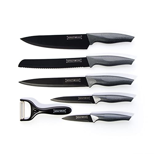 Royalty Line Messerset messer scharf küche 6 teilig Kochmesser Set mit anti haft Beschichtung, küchen messer schälmesser set, steakmesser schnitzer Küchenmesser im Carbon Design - messer set scharf von Royalty Line