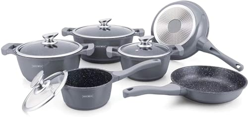 Royalty Line® BS1010M Topfset 13 Tlg. Silber- Töpfe Set geeignet für Induktion - Kochtopf Set & Pfannen mit Anti Haft Beschichtung - Pfannenset aus Alu mit Hitzeschutz Silikon Griffen - mit Deckel von ROYALTY LINE