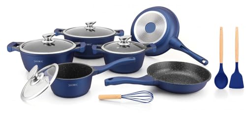 Royalty Line® Induktions Töpfe Set mit Deckel 13-teiliges Antihaft-Kochgeschirr-Set mit Induktionsgeeigneten Topfen und Pfannen, 2 Bratpfannen für Alle Herdarten, Blau von Royalty Line