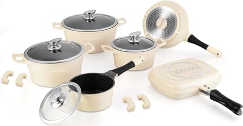 Royalty Line, Küchenhelfer Set aus Aluminium Druckguss 15-teilig Marmor Beschichtung creme von Royalty Line