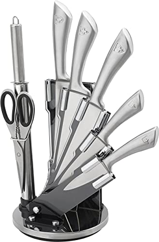 ROYALTY LINE, RLKSS600, Messerblock 8-teilig mit Fächerständer, Schere, Messer aus rostfreiem Stahl, rutschfeste Griffe, Schärfer inklusive - Silber - Standardgröße von ROYALTY LINE