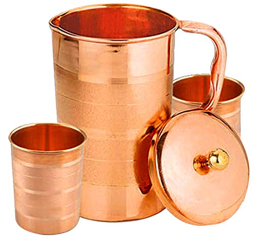 SKAVIJ Krug aus reinem Kupfer 2 Becher Set Luxus-Wasserkrug (1,6 Liter) von Prisha India Craft