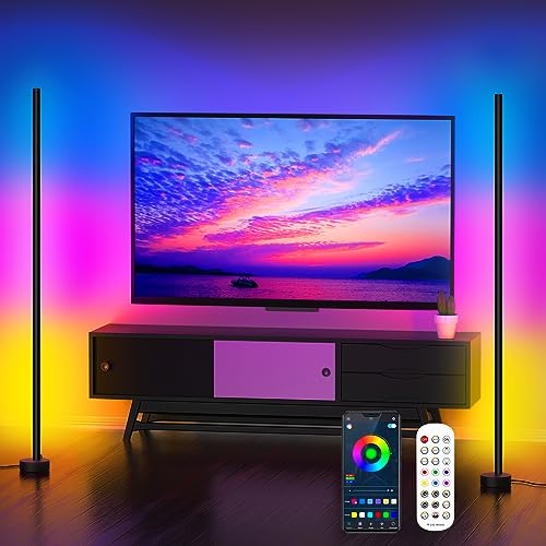 Royana 2 Stück LED Stehlampe, 55'' RGB LED Stehleuchten Wohnzimmer, Ecklampe LED mit Fernbedienung und App, Farbwechsel LED Standleuchte mit Musik-Sync, LED Stehlampe Dimmbar für Spielzimmer Party Bar von Royana