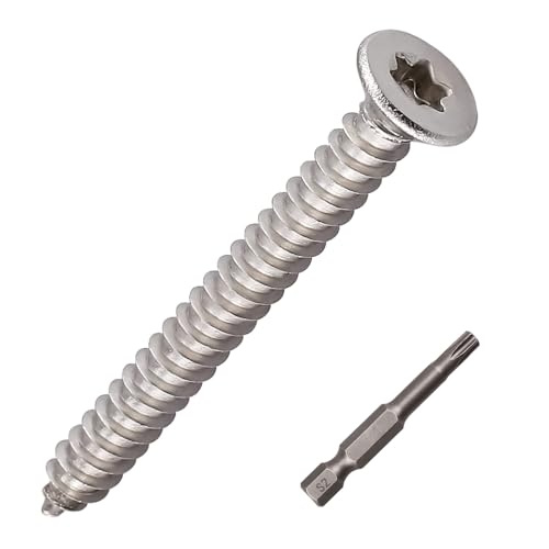 #8 x 2 (50 Stück) Torx Flachkopf-Blechschrauben, Edelstahl 304 (18–8), Senkkopf-Blechschrauben für Holz und Metall, inklusive Torx-Antriebs-Bit von RoyceMart