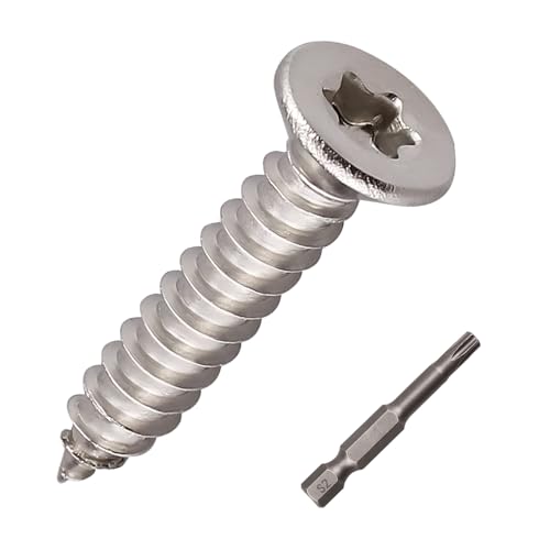 #8 x 5/8 Zoll (100 Stück) Torx-Flachkopf-Blechschrauben, Edelstahl 304 (18–8), Senkkopf-Blechschrauben für Holz und Metall, inklusive Torx-Antriebs-Bit von RoyceMart