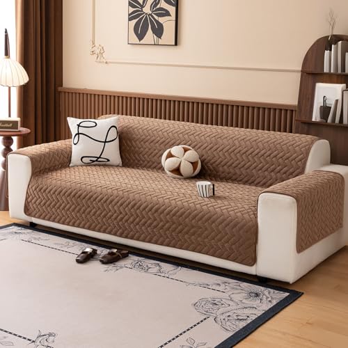 Royhom Flanell Sofa Überzug, Waschbar Sofabezug 2 Sitzer, Sofaschoner rutschfest für Leder-Couch und Stoffsofas, Weicher Couch Überzug Mit Verstellbarem Elastischer Riemen (Geometrie, Kaffee) von Royhom