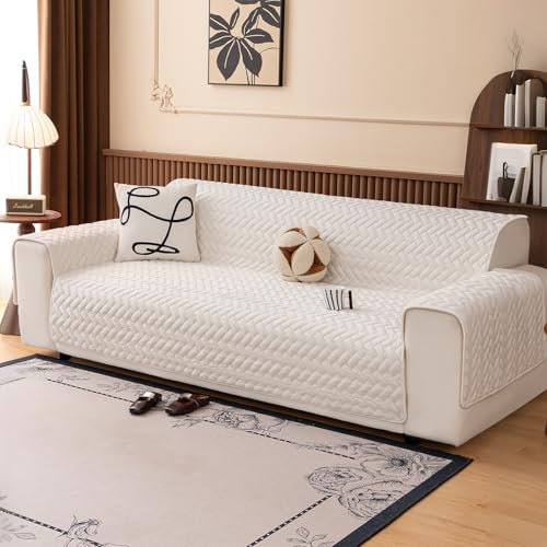 Royhom Flanell Sofa Überzug, Waschbar Sofabezug 3 Sitzer, Sofaschoner rutschfest für Leder-Couch und Stoffsofas, Weicher Couch Überzug Mit Verstellbarem Elastischer Riemen (Geometrie, Weiß) von Royhom