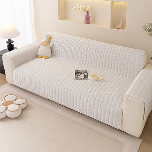 Royhom Flanell Sofa Überzug Waschbar Sofabezug 4 Sitzer, Sofaschoner rutschfest für Leder-Couch und Stoffsofas, Weicher Couch Überzug Mit Verstellbarem Elastischer Riemen (Quadrat, Weiß) von Royhom