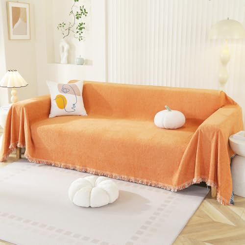 Royhom Couch Überzug 2/3/4 Sitzer, Sofa Überzug Ecksofa, Sofabezug L Form, Chenille Sofaüberwurf, Couch Überwurf mit Deko Quasten, Orange Sofa Überwurf(Reines Orange, 180x340cm) von Royhom