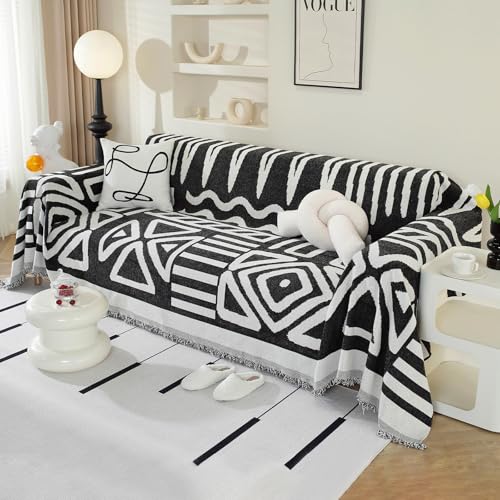 Royhom Couch Überzug 2/3/4 Sitzer, Sofa Überzug Ecksofa, Sofabezug L Form, Chenille Sofaüberwurf, Couch Überwurf mit Deko Quasten, Schwarz Sofa Überwurf(Boho Schwarz, 180x300cm) von Royhom