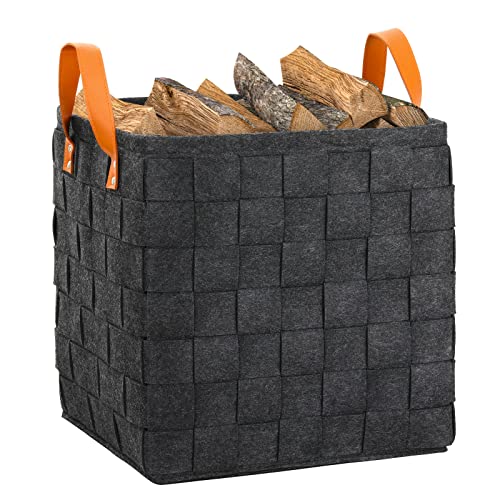 Roylvan Brennholz Tragetasche, Aufbewahrungstasche Strapazierfähiger Kaminholz Filztasche mit Griffen, Kaminholztasche für Zuhause Drinnen Draußen Camping Grillen, 38 * 38 * 40 cm - Schwarz von Roylvan