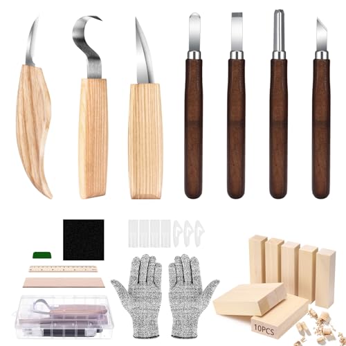 Holz-Schnitzwerkzeug Set, 23 in 1 Schnitzmesser Set mit 7 tlg Schnitzmesser,Schnittfeste Handschuhe,Schleifsteine,10 Pcs Holzblöcke,Lineal,Holzwerkzeug Schnitzset für Anfänger/Profis von Royouzi