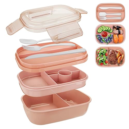 Lunchbox, Lunchbox für Erwachsene, 1900ML Brotdose für Studenten, 3-lagige Auslaufsichere Bento Lunchbox mit Gabel, Löffel, Geeignet für Lunchbox für Arbeit, Büro, Schule (Rosa) von Royouzi