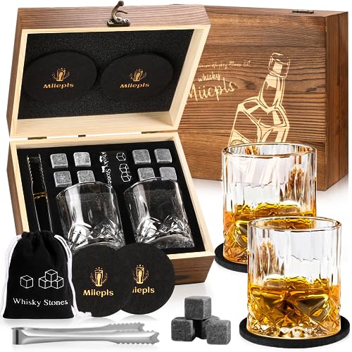 Whisky, Whisky Gläser Set, Whisky Steine Geschenkset, 8 Whiskey Steine & 2 Twisted Whisky Gläser & 2 Untersetzer, Geschenke für Männer von Royouzi