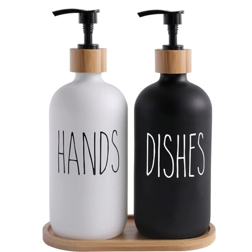 Roysmart Glas Seifenspender Set, 500ml Seifenspender Glas mit Tablett Spülmittelspender Shampoo Spender Soap Dispenser, Shampoo Lotion Handseifenspender für Küche Arbeitsplatte von Roysmart