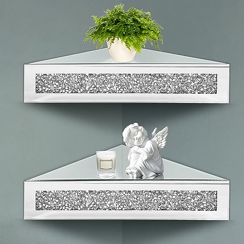 Royxen Eckregale Schweberegale 2 Sets, Eckregal Wandmontage Crushed Diamant, Eckregale Kristall verspiegelt, Schwebende Eckregale für Wand von Royxen