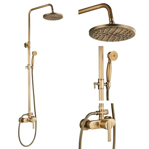 Rozin Antik Messing Duschsystem mit 8 Zoll Regendusche Duschkopf und Handbrause Einzelgriff Fertig an der Wand Montiert Retro Duschset von ROZIN