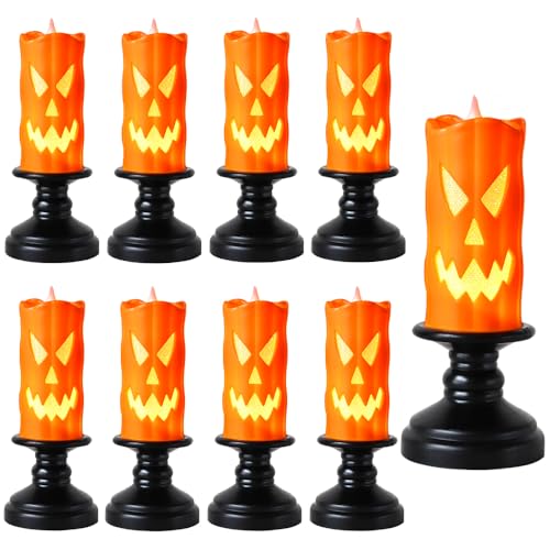 8 Stück Halloween Deko Kerzen Flammenlose, Halloween Kürbis Lichter, Batteriebetriebene LED Kerzen Outdoor Teelichter, Kerzenhalter Lampe Horror Garten Teelicht Innen Außen von Rppiup