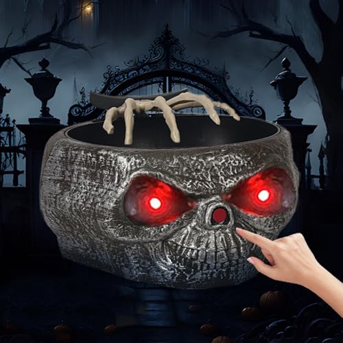Rppiup Halloween Süßigkeiten Schüssel Deko, Halloween-animierte Skelett-Süßigkeitsschale mit LED-Augen, Gruseligem Sound und beweglicher Skeletthand, Schädelschüssel für Horror-Party, Tischdekoration von Rppiup