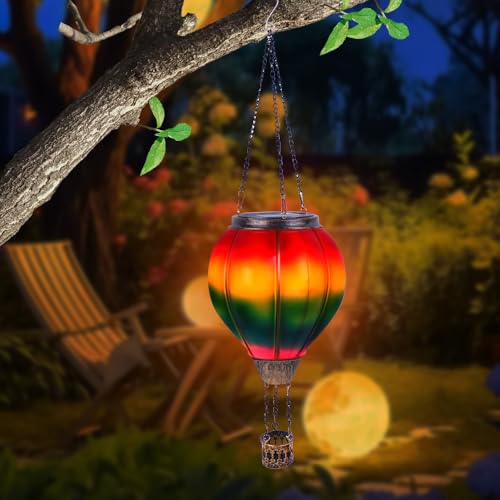 Rppiup LED Solar Laterne Heißluftballon Windlicht, Heißluftballon Solarleuchten, Gartendeko für draußen, Hängende Solarlaterne für außen, Dekorativer Flammeneffekt, Regenbogen Ballon Solarleuchte von Rppiup