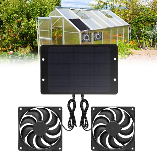 Rppiup Solar Ventilator Gewächshaus, 10W Solarpanel Ventilator mit DC Doppellüfter, IP65 Wasserdicht Ventilator Solarbetrieben, Solar Lüfter für Gewächshäuser, Hühnerställe, Schuppen, Haustier Häuser von Rppiup