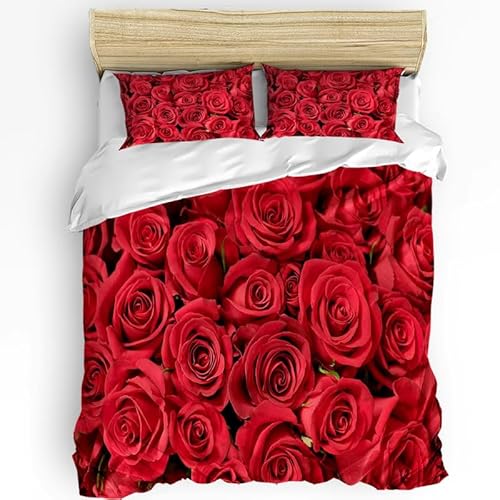 Bettwäsche 200x220 Rote Blume 3 Teilig Atmungsaktive Bettwäsche-Set mit Reißverschluss (Erwachsene Kinder), Atmungsaktive Mikrofaser Bettbezug + 2 Kopfkissenbezug 80x80 cm von Rptidmv