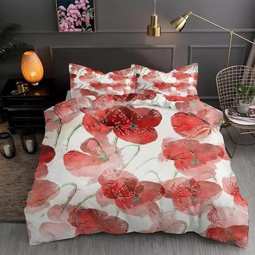 Rptidmv Bettwäsche 200x200 Mohn Weiche Atmungsaktive Mikrofaser Bettwäsche Set mit Reißverschluss Schließung (Erwachsene Kinder), 1 Bettbezug + 2 Kopfkissenbezug 80x80 cm von Rptidmv