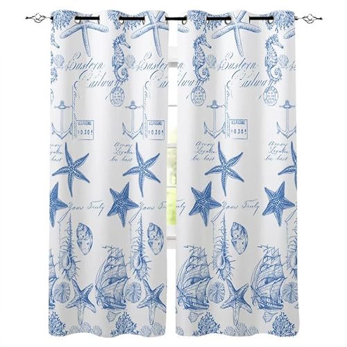 Rptidmv Vorhänge mit Ösen 2er Set Blauer Seestern Modern Blickdichte Vorhang Thermovorhang Kälteschutz Verdunklungsvorhänge für Wohnzimmer Schlafzimmer Kinderzimmer 140 x 175 cm (BxH) von Rptidmv