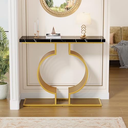 Gold Konsolentisch, 100 * 35 * 80cm Beistelltisch, Moderner Eingangstisch mit Geometrischem Metallsockel für Wohnzimmer und Flur, Goldener Sockel Kann auf Zwei Arten Installiert Werden (Schwarz＆Gold) von Rpuzonier