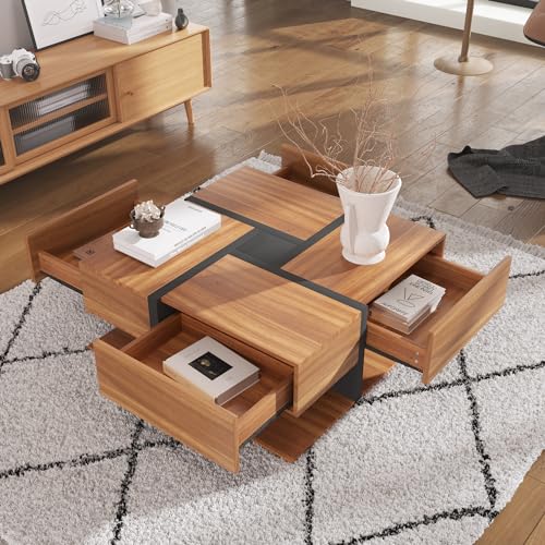 Rpuzonier Moderner Couchtisch Wohnzimmertisch mit 4 Schubladen Hochglanz, Wohnzimmertisch, Sofatisch, Kaffeetisch, Beistelltisch aus Holz, 78x78x36cm (Natürlich) von Rpuzonier