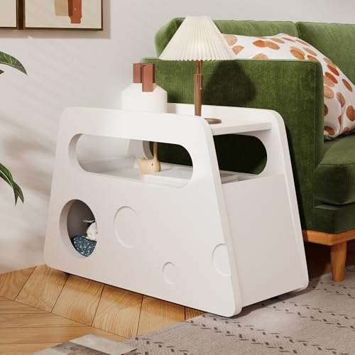 Rpuzonier Sofatisch Beistelltisch mit Rollen, Beistelltisch Couch, Mobiler Sofatisch, Nachttisch mit Abgerundeten Ecken Ideal für Wohnzimmer und Schlafzimmer (Weiß) von Rpuzonier