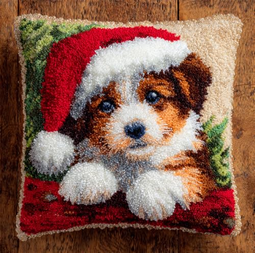 Rqwybcaxn Knüpfkissen Set Weihnachtswelpe Knüpfkissen Set Für Anfänger Erwachsene Oder Kinder Zum Selber Knüpfen,Diy Knüpfteppich Knüpfpackung,43X43Cm von Rqwybcaxn