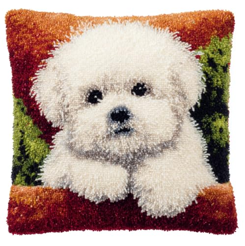 Rqwybcaxn Knüpfkissen Set Weißer Bichon Frisé-Hund Knüpfkissen Set Für Anfänger Erwachsene Oder Kinder Zum Selber Knüpfen,Diy Knüpfteppich Knüpfpackung,43X43Cm von Rqwybcaxn