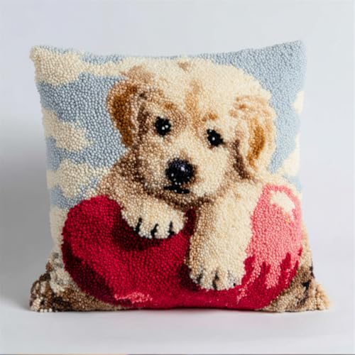 Rqwybcaxn Landschaft Knüpfkissen Set,Niedlicher Welpe Und Liebesherz,Für Kinder Oder Anfänger Erwachsene Zum Selber Knüpfen,Diy Knüpfteppich Knüpfpackung,Knüpfhaken Set,43X43Cm von Rqwybcaxn