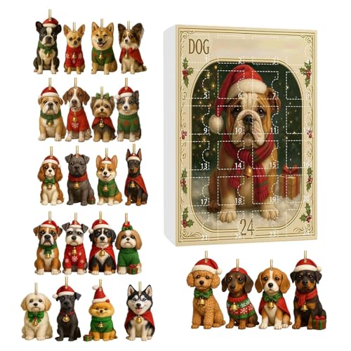 Rrlihjgu 24 Tage Hund Adventskalender,2D Acryl Countdown-Kalender Hundeschmuck,Süßer aufhängbarer Tieranhänger | Fenster Balkon Haustür Auto Vorbau Rucksack Rückspiegel von Rrlihjgu