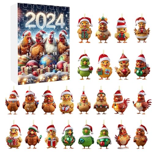 Rrlihjgu Adventskalender Huhn Weihnachten,24 Türchen Mit Süßen Hühner-Anhängern Countdown Kalender | 2D Acrylic Flachanhänger Huhn Charm Für Christbaumschmuck Wanddekoration Auto-Innenspiegel von Rrlihjgu