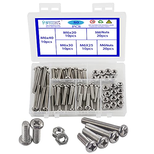 Rshuhx 80PCS M6 Schrauben und Muttern Set 304 Edelstahl Linsenkopfschraube Kreuz Runder Kopf Mechanische Schraube Pan Head Bolzen Maschinenschrauben mit Aufbewahrung Box von Rshuhx