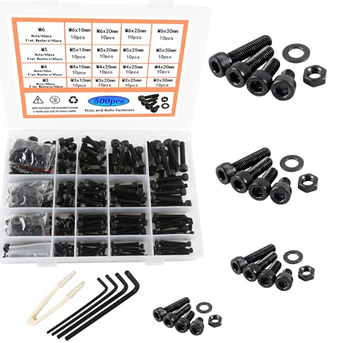 Schwarzes Innensechskant schrauben set M3 M4 M5 M6 500Stück. Schrauben und Muttern und Unterlegscheiben Sortiment Kit Gewindemaschinen Sechskantschrauben mit 4Pcs Schraubenschlüssel von Rshuhx