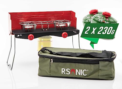 Rsonic Camping Gasgrill Gaskocher 2 - flammig klappbarer BBQ Campingkocher mit 2 Kochfelder mit Tasche für Balkon, Garten, Urlaub - Gas Kocher mit Kartuschen (Gaskocher mit 2 Kartuschen 230g) von Rsonic