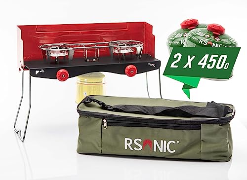 Rsonic Camping Gasgrill Gaskocher 2 - flammig klappbarer BBQ Campingkocher mit 2 Kochfelder mit Tasche für Balkon, Garten, Urlaub - Gas Kocher mit Kartuschen (Gaskocher mit 2 Kartuschen 450g) von Rsonic