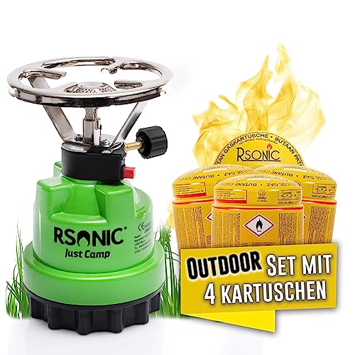 Rsonic Campingkocher Gaskocher Stechkartuschenkocher Kartuschenkocher mit Piezozündung Gasbrenner (Grün + 4 Kartsuchen) von Rsonic